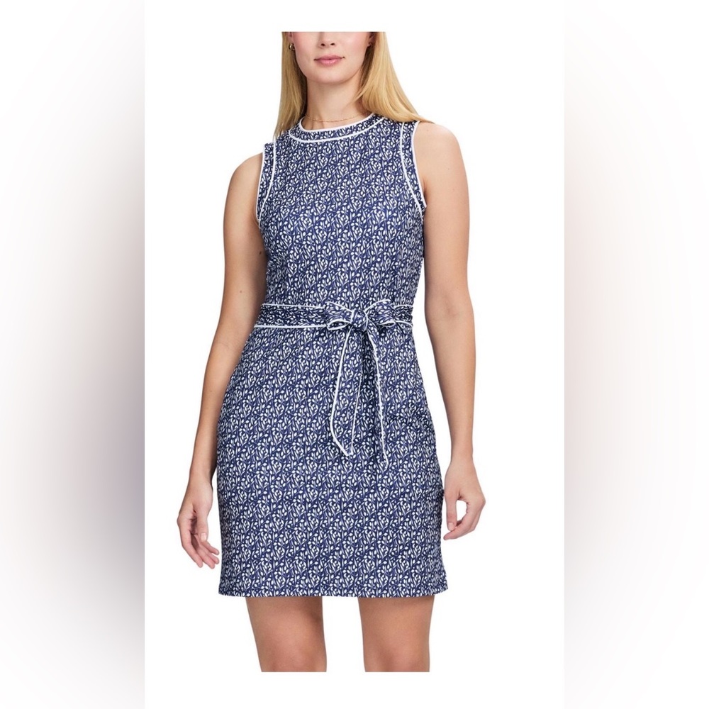 IZOD Sleeveless Navy Printed Tie-Waist Dress with White Trim🆕